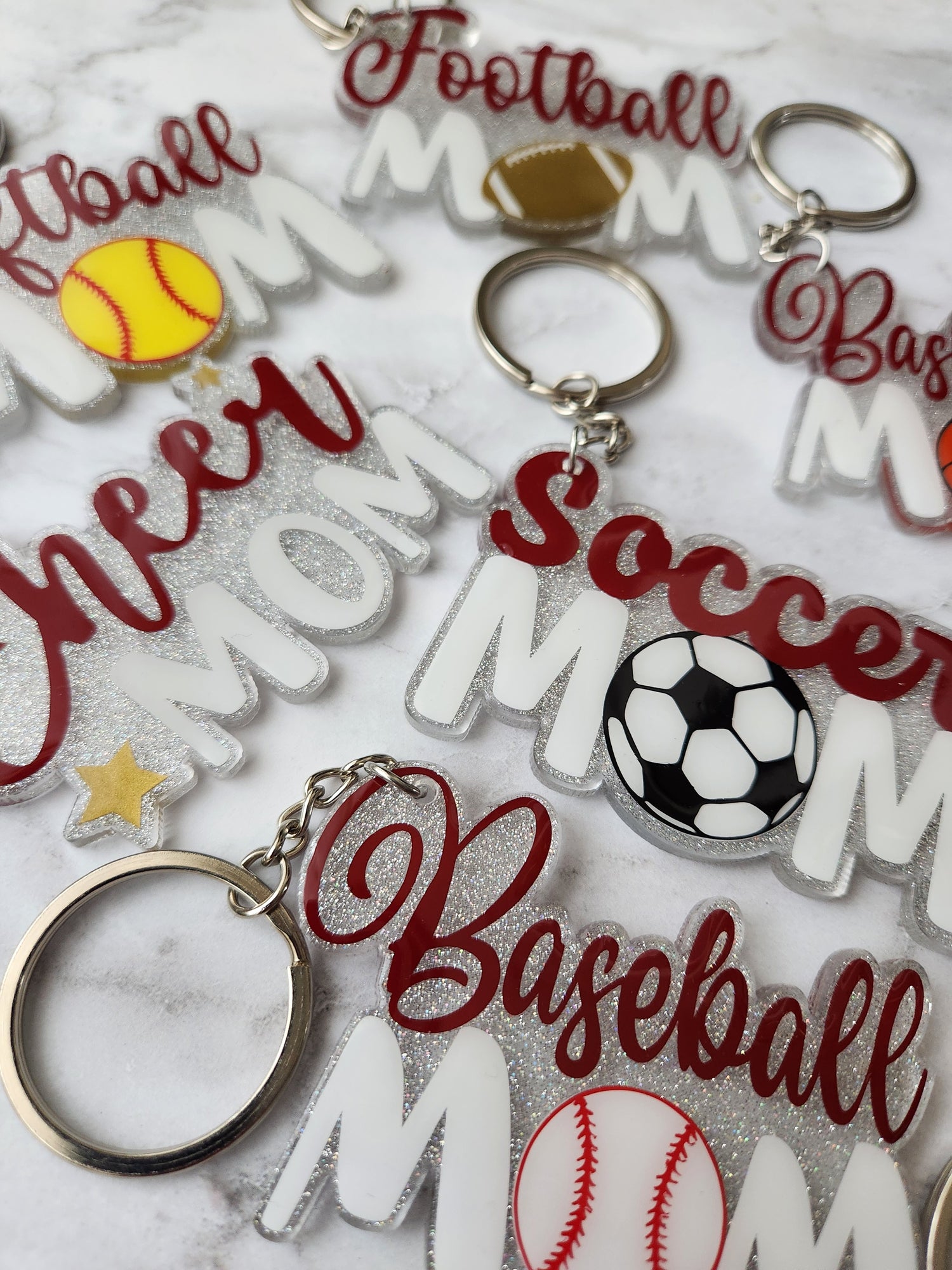 Arial view of multiple Sports Mom Keychains 