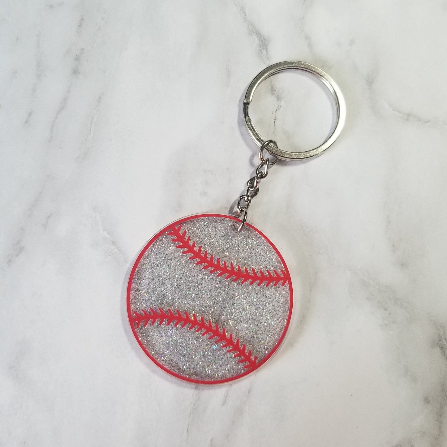 silver glitter baseball keychain with red laces