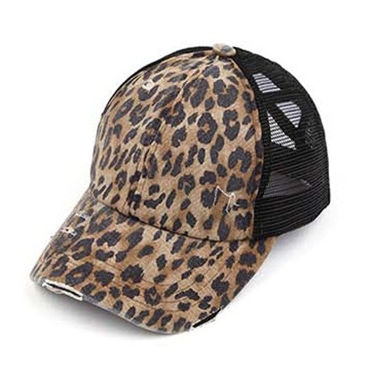 Lightly distressed leopard ponytail hat black netting 