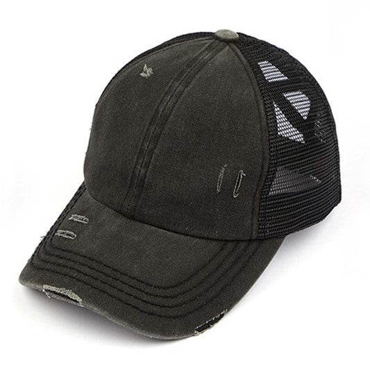 Lightly distressed black ponytail hat black netting 