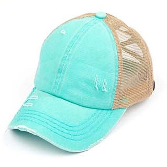 Lightly distressed teal ponytail hat beige netting 