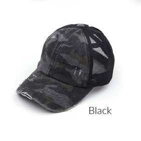 Lightly distressed vlack camo ponytail hat black netting 